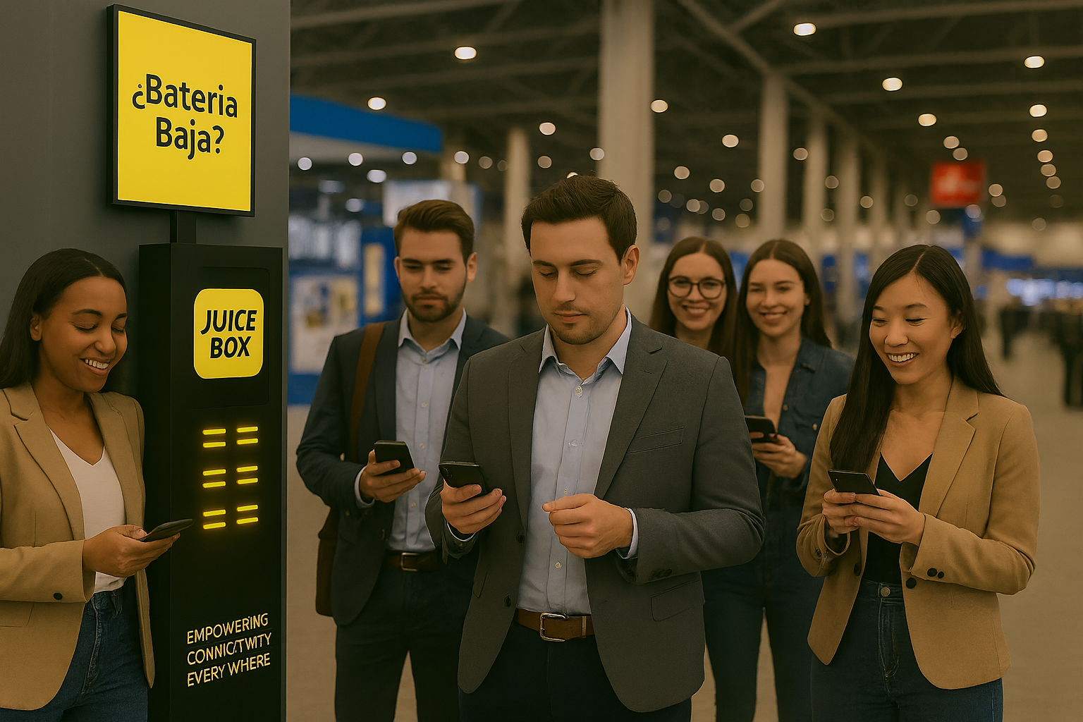 Juice Box charging station with a group of people in a convention center